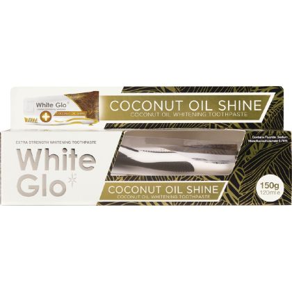 White Glo 150 g с кокосово олио за повече блясък + подарък четка