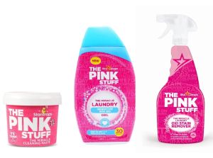 Пакет StarDrops The Pink Stuff: паста 850 гр, перилен препарат Сензитив, спрей за петна по дрехи + Подарък