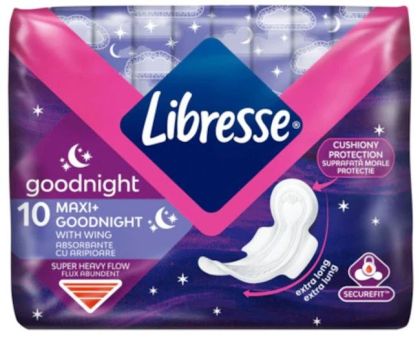 Libresse дамски превръзки Maxi Wing goodnight, 10 броя